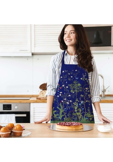 Lacivert Çiçek Detalı Mutfak Önlüğü Keten Kumaş, Uluslararası Yıkama Ve Solmama Sertifikası Çok Renkli