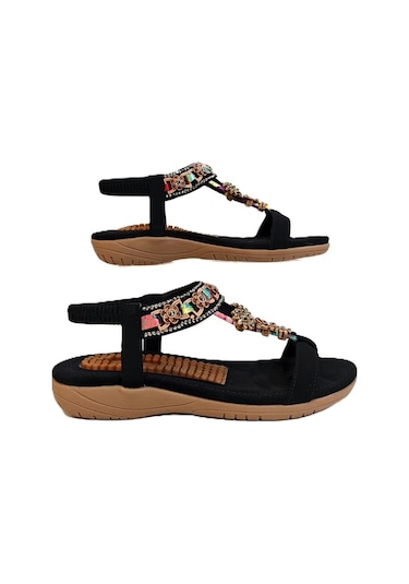 Voyager 9639 Siyah Taban Masajlı Taş İşlemeli Bayan Sandalet Siyah