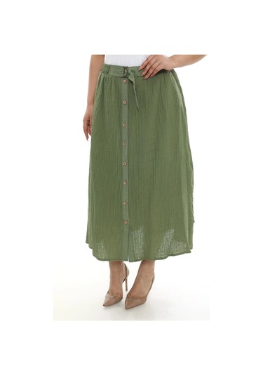 Büyük Beden Kadın Astarlı Müslin Kumaş Düğmeli Cepli Uzun Etek Haki