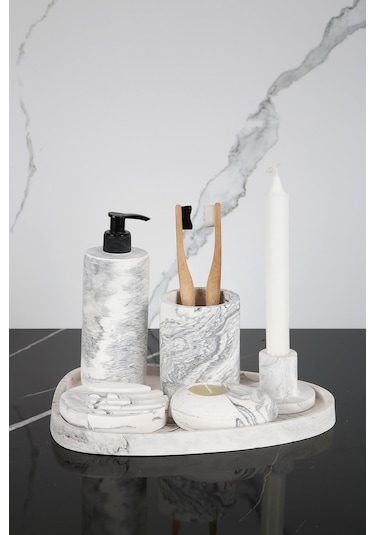 Betonmall 6 Parça Mermer Desenli Beton Banyo Seti Katı Ve Sıvı Sabunluk Mumluk Tütsülük Diş Fırçalığı - Gri Gri