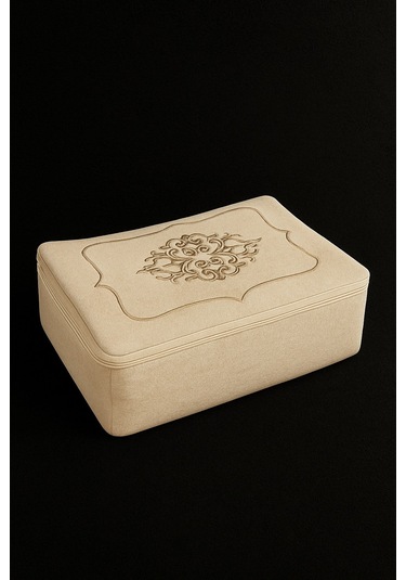 Laura Kadife Gold Nakışlı Hurç Küçük Boy 30x35x15 Cm Söz Çeyizlik Nişan Düğün Gelin Bohçası Vizon