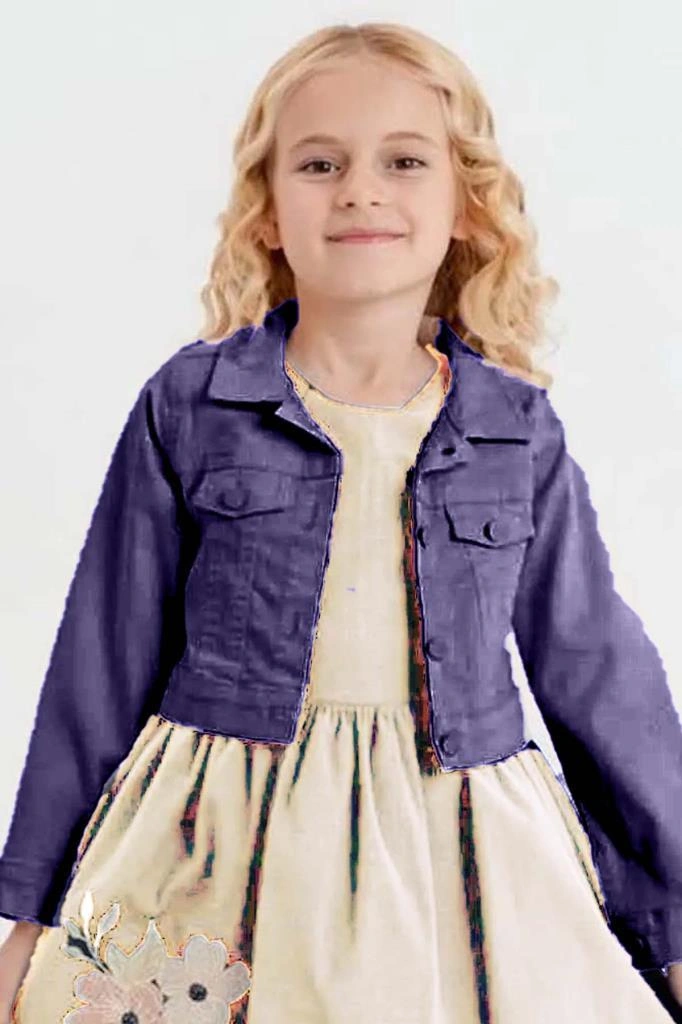 Riccotarz Kız Çocuk Üzerinde Jeans Ceket Ve Çiçek Dikiş İşlemeli Krem Elbise Krem