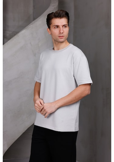 Erkek Basic Oversize Bisiklet Yaka 2 İki İplik Kompakt T-shirt Ekru