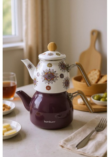 Bambum Unique - Bambu Kulplu Emaye Çaydanlık Takımı Mor
