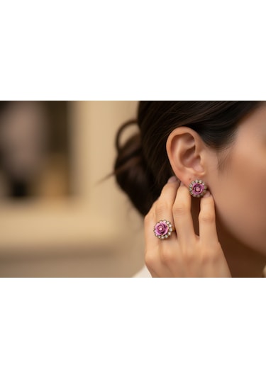 El İşçiliği Pembe Gül Detaylı Vintage Stil Gümüş Ve Bronz Yüzük Küpe Otantik Takı Seti Mod113 Gümüş