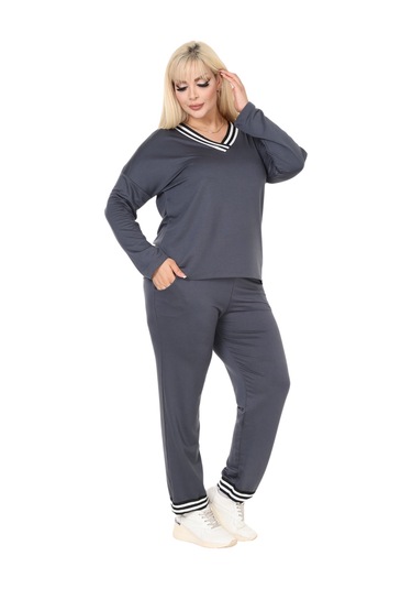 Melsay Butik Antrasit V Yaka Yakası Şerit Detaylı Eşofman Takımı Antrasit