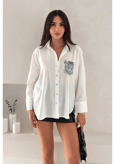 Aslan Desen Baskılı Taşlı Gömlek Gümüş Gümüş