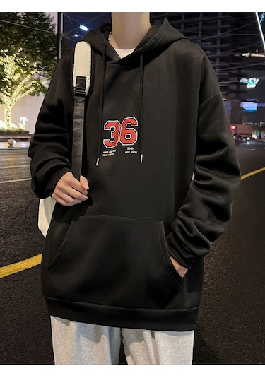 Unisex Oversize Brooklyn 36 Baskılı Kapüşonlu Sweatshirt Siyah