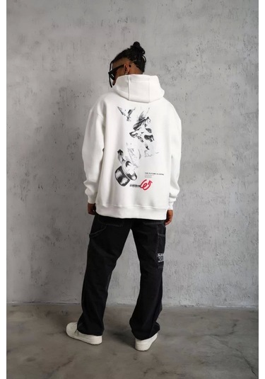 Erkek Şapkalı Güvercin Baskılı Kapşonlu Sweat - Beyaz Beyaz