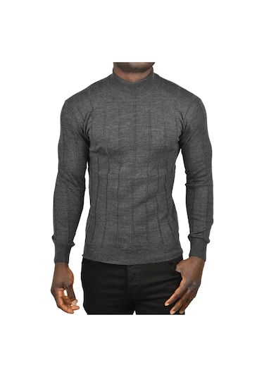 Deepsea Erkek Antrasit Slim Fit Likralı Tüylenme Yapmayan Yarım Balıkçı Çizgili Triko Yarım Boğazlı Kazak 2505503 Antrasit