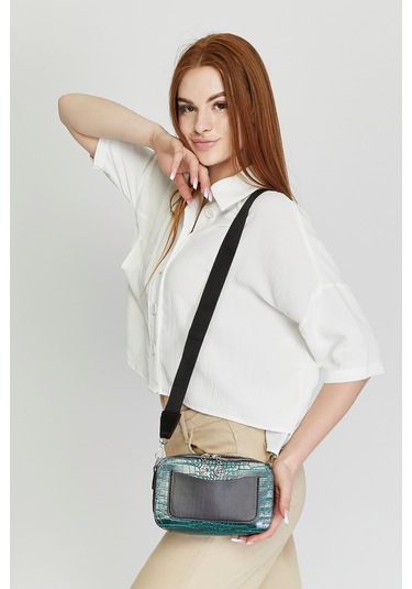 Morpelikan Yeşil Kroko İki Bölmeli Kadın Omuz Çantası Yeşil