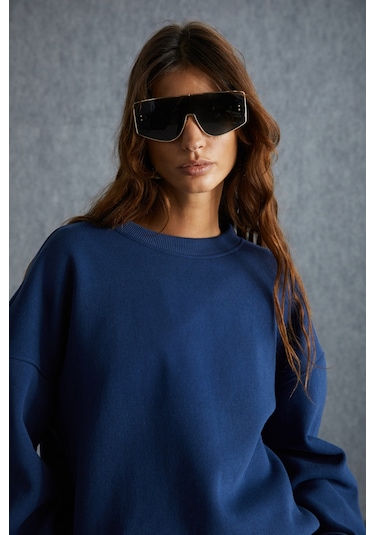Vaneltına Kadın Içi Polarlı 3 Iplik Organik Pamuk Oversize Basic Bisiklet Yaka Lacivert Sweatshirt