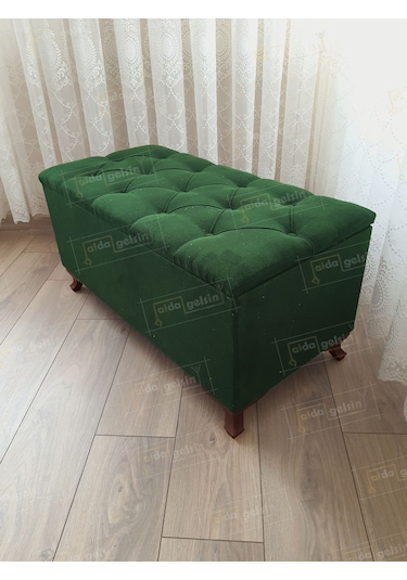 Lüks Sandıklı Kapitoneli Ayakucu Puf Bench 100 Cm Ceviz Ayak Yeşil