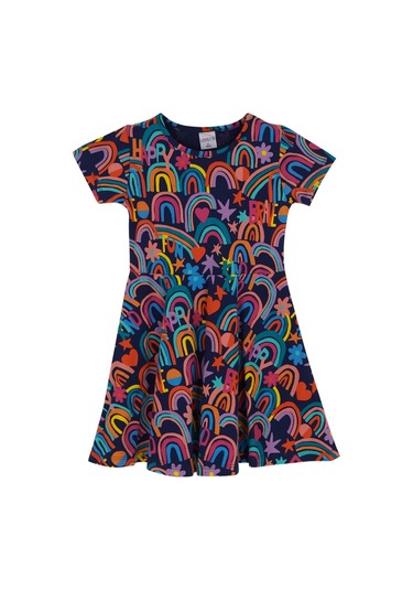 Lovetti Kız Çocuk Brave & Happy Desen Kısa Kol Kloşe Etek Elbise 5910-128 Çok Renkli