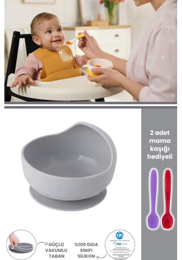 Silicolife Eğimli Mama Kasesi, Vakum Tabanlı Bebek Çocuk Eğimli Mama Tabağı - 2 Mama Kaşığı Hediyeli Gri