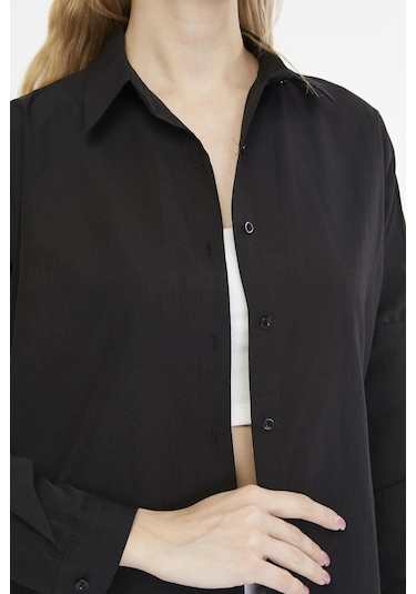 Kadın Oversize Uzun Basic Gömlek - Siyah