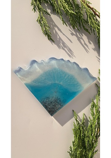 Deniz Mavi Tonlu Siyah Simli Üçgen Dalgalı Epoksi Bardak Altlığı Okyanus Mavisi