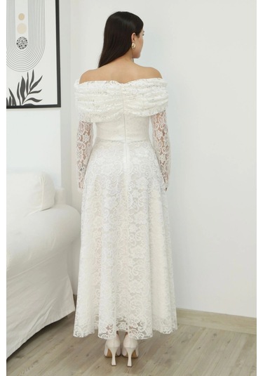 Aşkın Büyüsü Dantel Abiye Elbise 6055-beyaz Beyaz