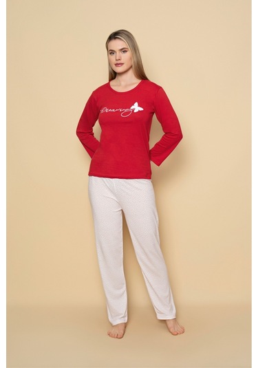 Kadın Penye Sıfır Yaka Bej Renk Uzun Kollu Pijama Takımı Kırmızı Beyaz