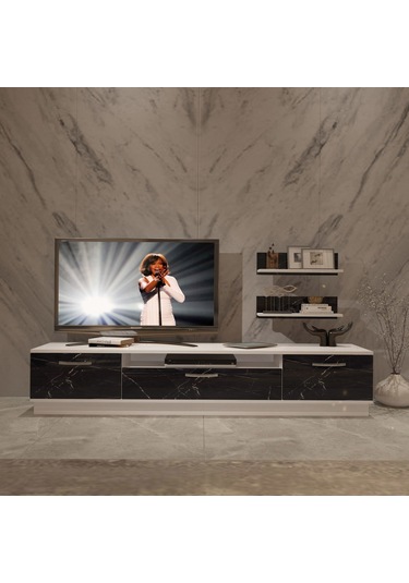 Decoraktiv Trio 4s Mdf Tv Ünitesi Tv Sehpası Beyaz - Siyah Mermer