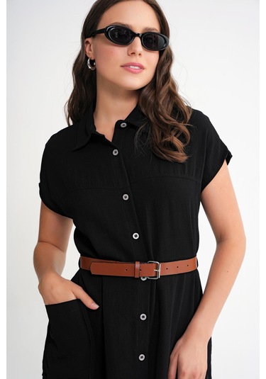 4453 Kadın Keten Cepli Midi Kemerli Elbise Siyah Siyah