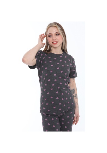 Fames Pijama Antrasit Kalp Desenli Pamuklu Yazlik Pijama Takim Antrasit