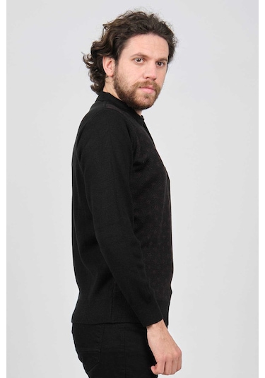 Çizgi Triko Erkek Cep Detaylı Polo Yaka Desenli Kazak 42544226 Siyah Siyah