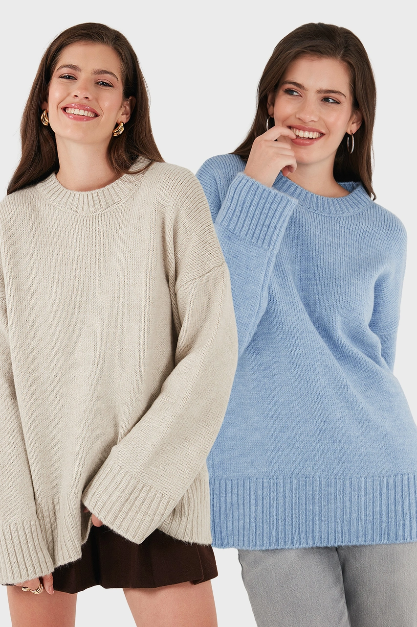 Lela Regular Fit Bisiklet Yaka Basic 2'Li Paket Triko Bayan Kazak 4616213S2 Bebe Mavi-Taş