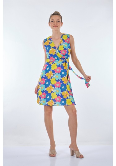 Explosion V Yaka Kolsuz Çiçek Desenli Midi Elbise - Günlük & Parti Mavi