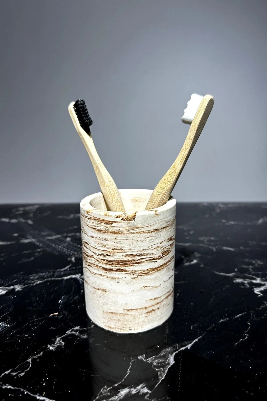 Mermer Desenli El Yapımı Beton Diş Fırçalık Banyo Tuvalet Diş Fırçalığı Bej