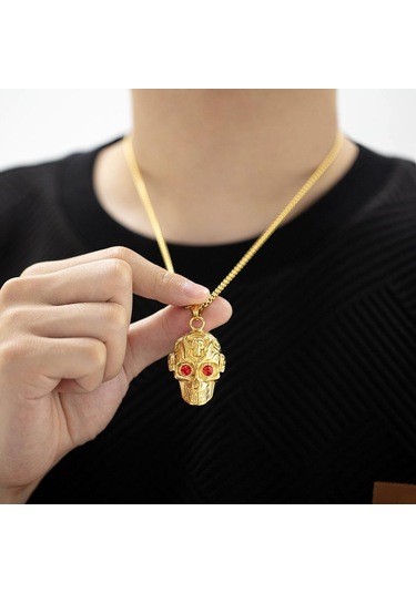 Altın Opk Kafatası Retro Kırmızı Gözler Kolye Erkekler 3 55cm Altın