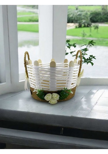 El Yapımı Hasır Sepet Takı Organizer Banyo Makyaj Kutusu Komodin Üstü Düzenleyici Beyaz