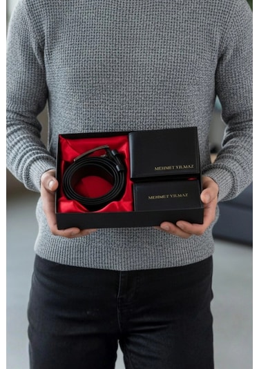 İsim Baskılı Erkek Cüzdan Kartlık Kemer Seti Kişiye Özel Kutulu Hediye Seti Siyah