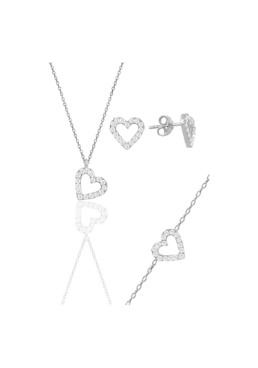 Gümüş Rodyumlu Zirkon Taşlı Kalp Kolye,bileklik Ve Küpe Üçlü Set