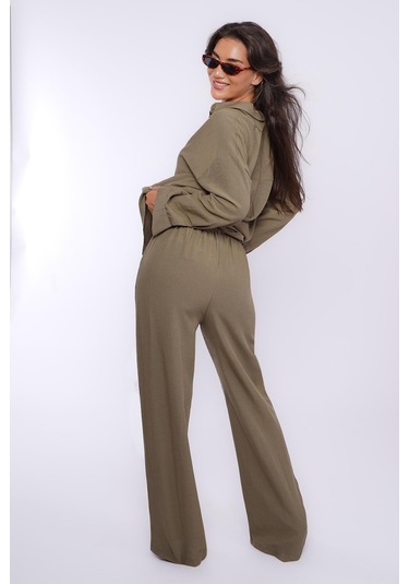 Madmext Haki Keten Kadın Gömlek Pantolon İkili Takım Mg2356 Haki