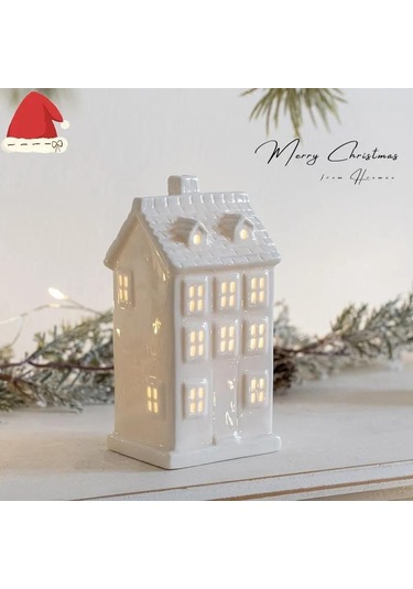 Neevoyu Keramik Led Ev Figürü, Yumuşak Işık Noçturnu, Dekoratif Ev Tatlısı, Hediyelik Ithalatlı Ürün Beyaz