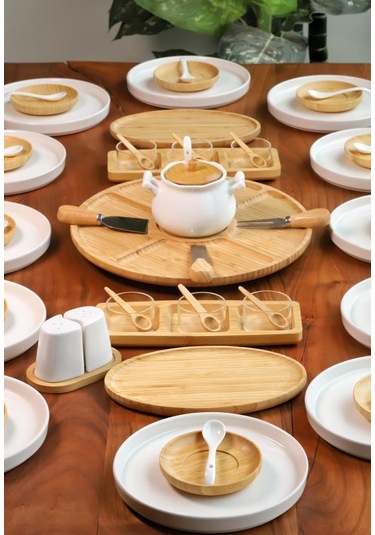 Atbyhome 12 Kişilik 63 Parça Seramik - Bambu Kahvaltı Takımı - Lüx Kahvaltılık Sunum Seti Kahverengi