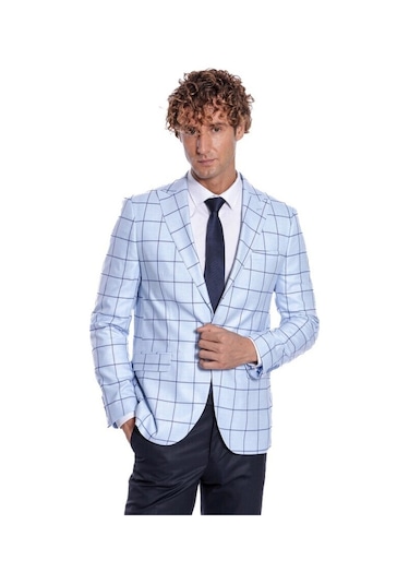 Kare Desenli Slim Fit Açık Mavi Erkek Ceket 001