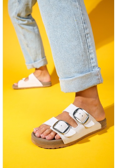 Ovesta Beyaz Süet Hakiki Deri Çift Bantlı Kadın Terlik Beyaz