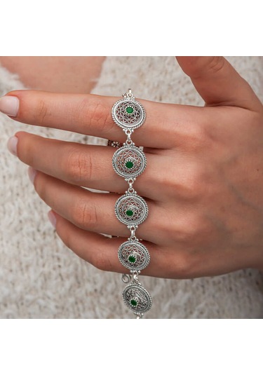 Artsmagazinmücevher Gümüş Telkari Zümrüt Taşlı Kadın Bileklik