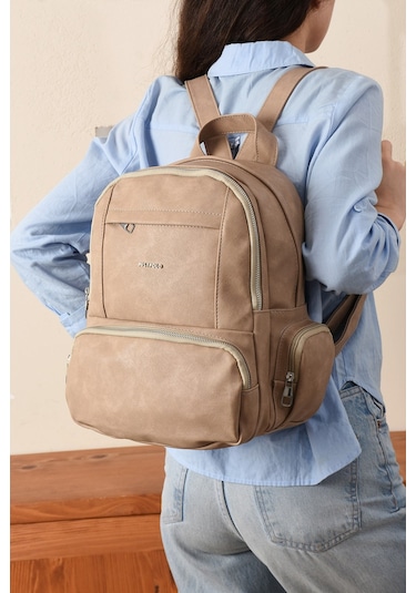 Just Polo Kadın Eskitme Suni Deri Çok Cepli Günlük Sırt Çantası Pbu3000 Vizon