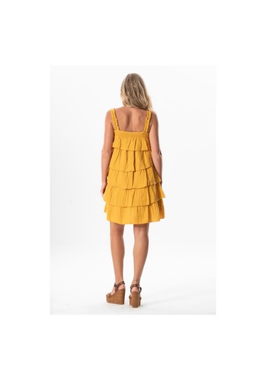 Askılı Kare Yaka Elfida Kat Kat Müslin Yazlık Kısa Elbise Hardal Hrd Hardal