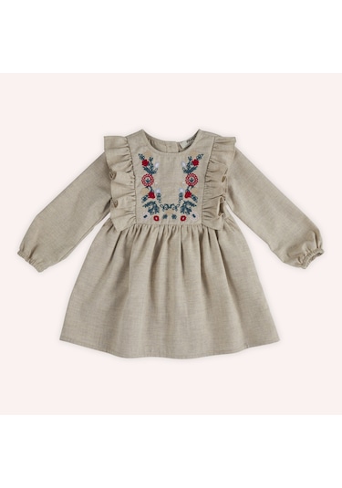 Kız Çocuk Nakış Detaylı Elbise Bej 2421gb26026-4909 001