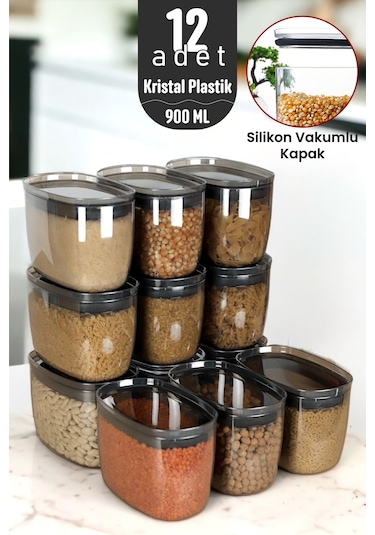 900 Ml Gerçek Vakumlu Silikon Kapaklı Kristal Erzak Bakliyat Saklama Kabı Seti Baharatlık 12 Antrasit