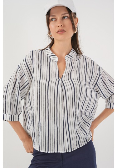Bigdart Kadın Çizgili Oversize Bluz 967 - F.Lacivert