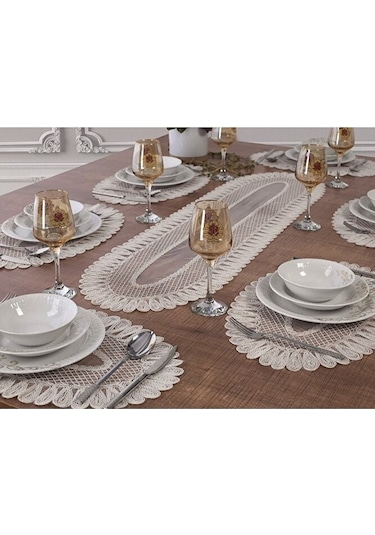 Amerikan Servis Supla Ve Runner Seti 8 Kişilik Set Nakışlı Vivien Bej