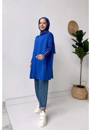 Kol Detay Merserize Tunik - Saks Mavi Saks
