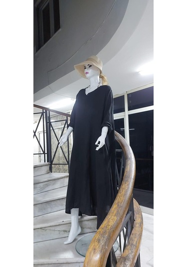 İtalyan V Yaka Uzun Kol Keten Elbise-8907 Antrasit