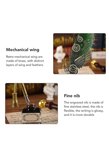 Vintage Gear Wing Kuş Tüy Kalemli Divit Yazı Seti Turuncu