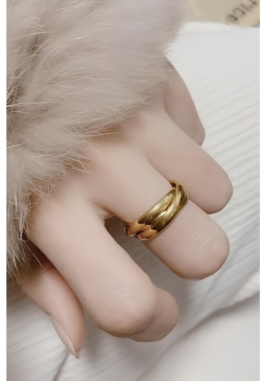 Takı Dükkanı Trinity 3lü Birbirine Geçmeli Sarmal Çelik Stres Yüzük Cl44 Sarı